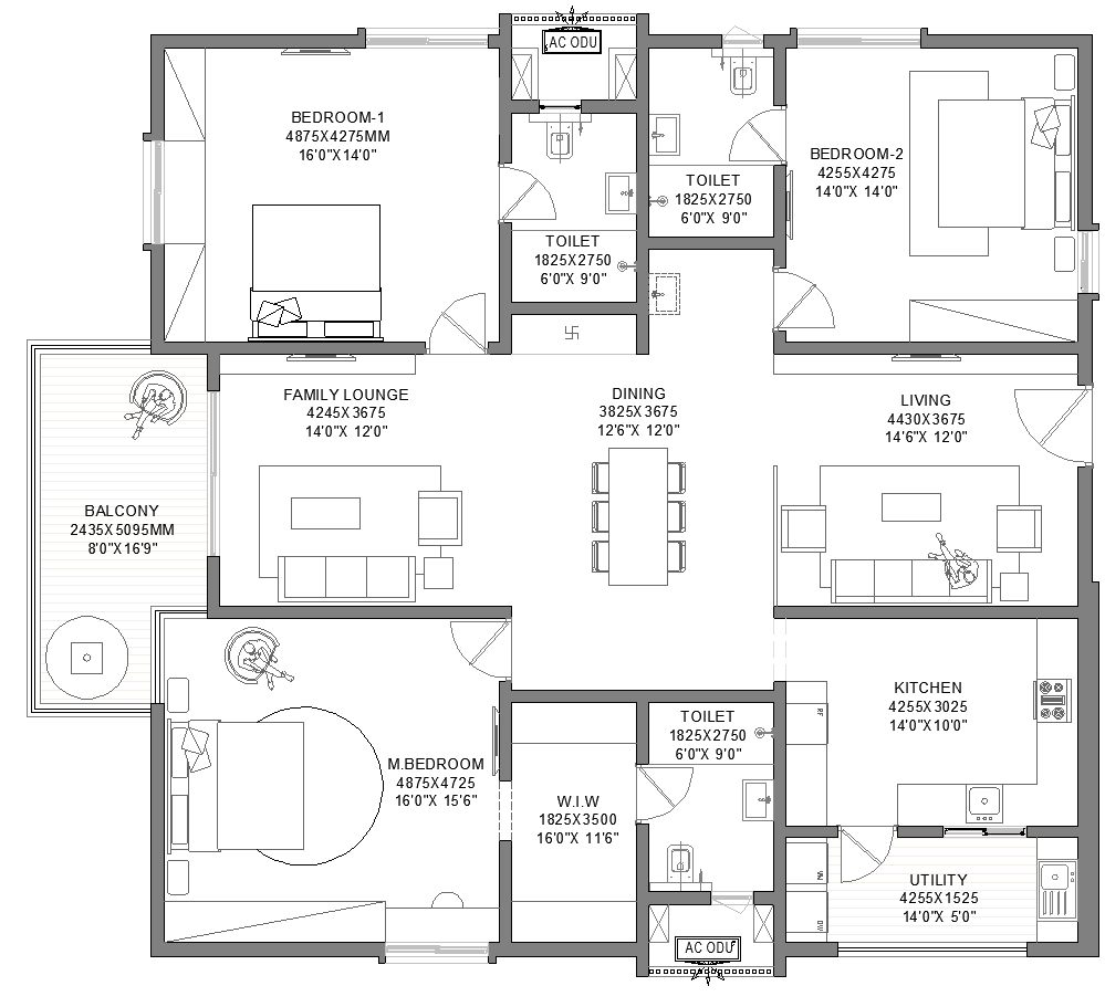 3 BHK unit plan
